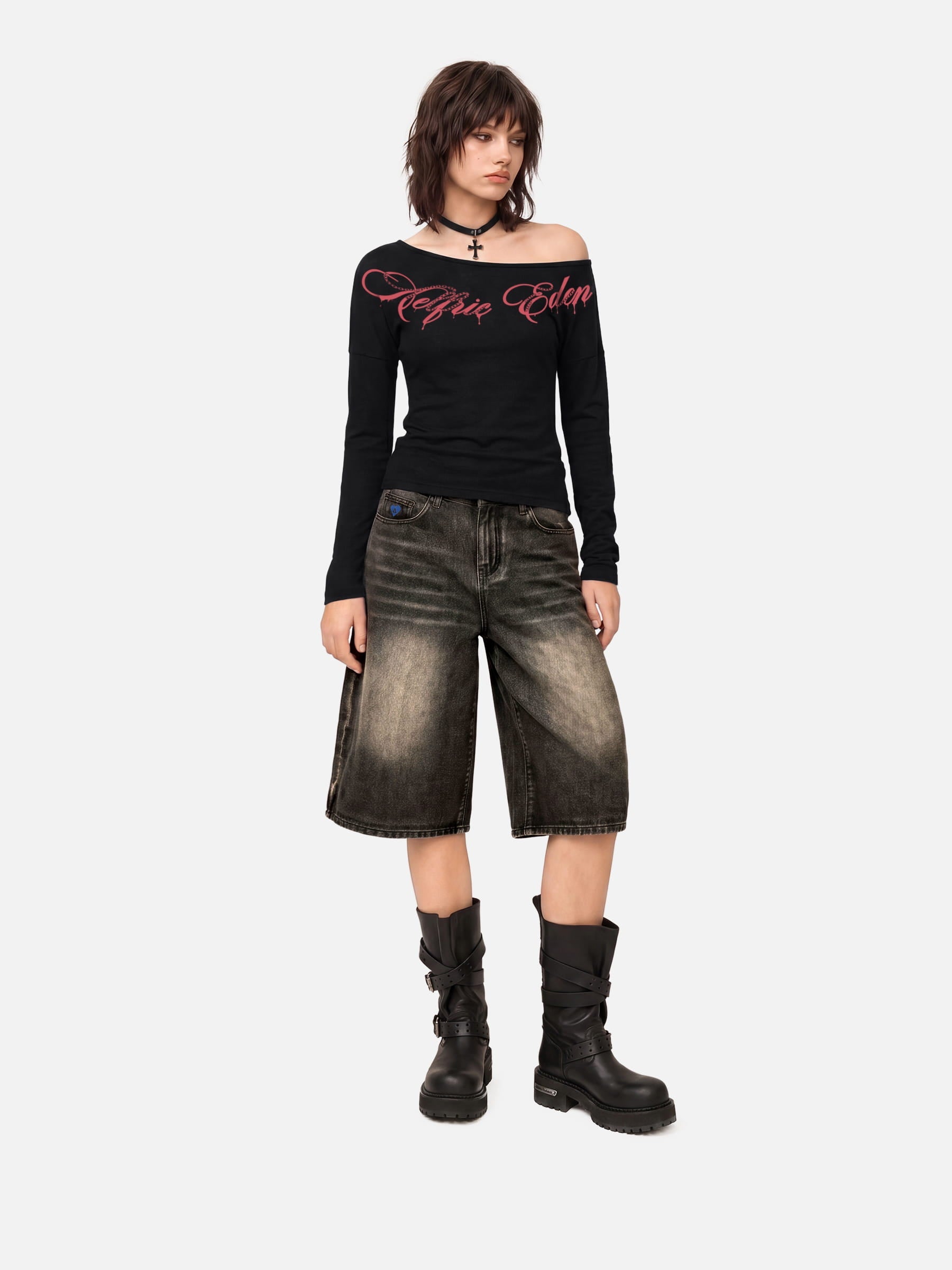 Aelfric Eden Off-The-Shoulder Script Long Sleeve Tee