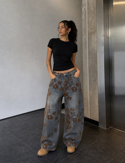 Aelfric Eden Flocked Floral Baggy Barrel Jeans