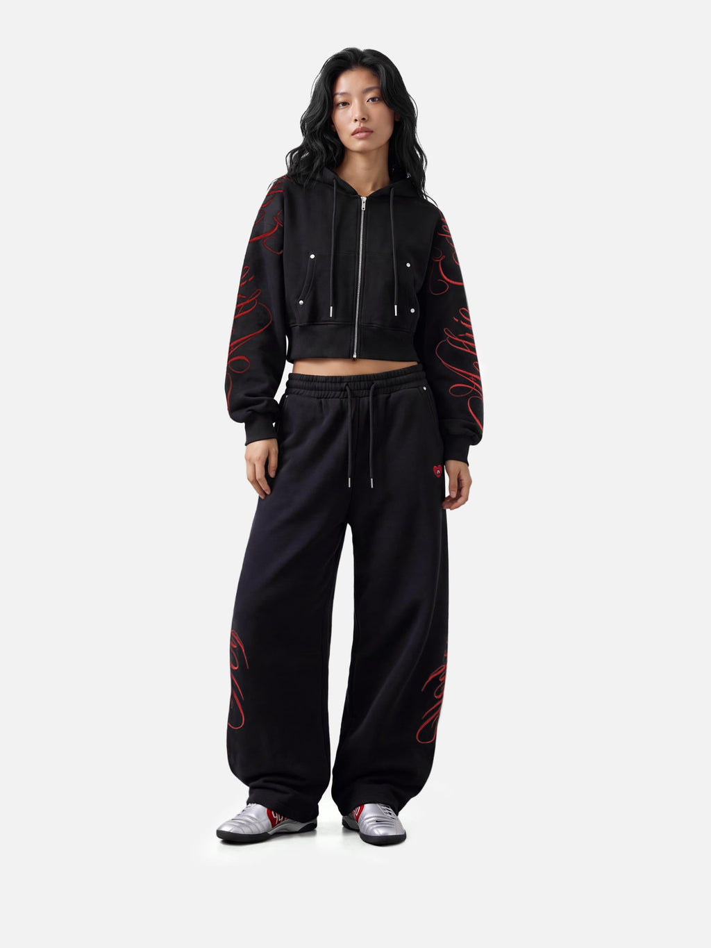 Aelfric Eden Cropped Script Embroidery Zip Up Hoodie