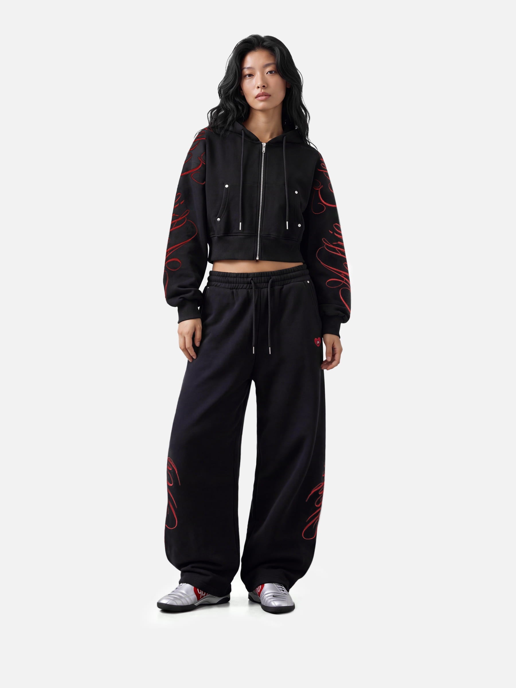 Aelfric Eden Cropped Script Embroidery Zip Up Hoodie