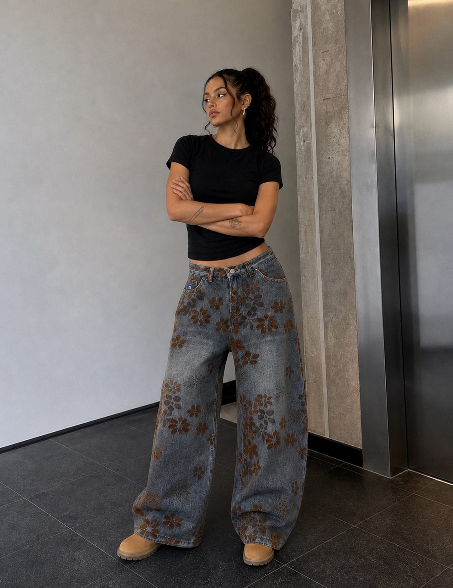 Aelfric Eden Flocked Floral Baggy Barrel Jeans