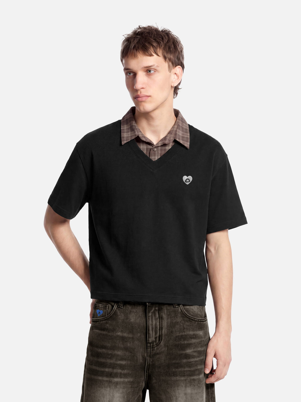 Aelfric Eden Boxy Layered Plaid Polo Tee