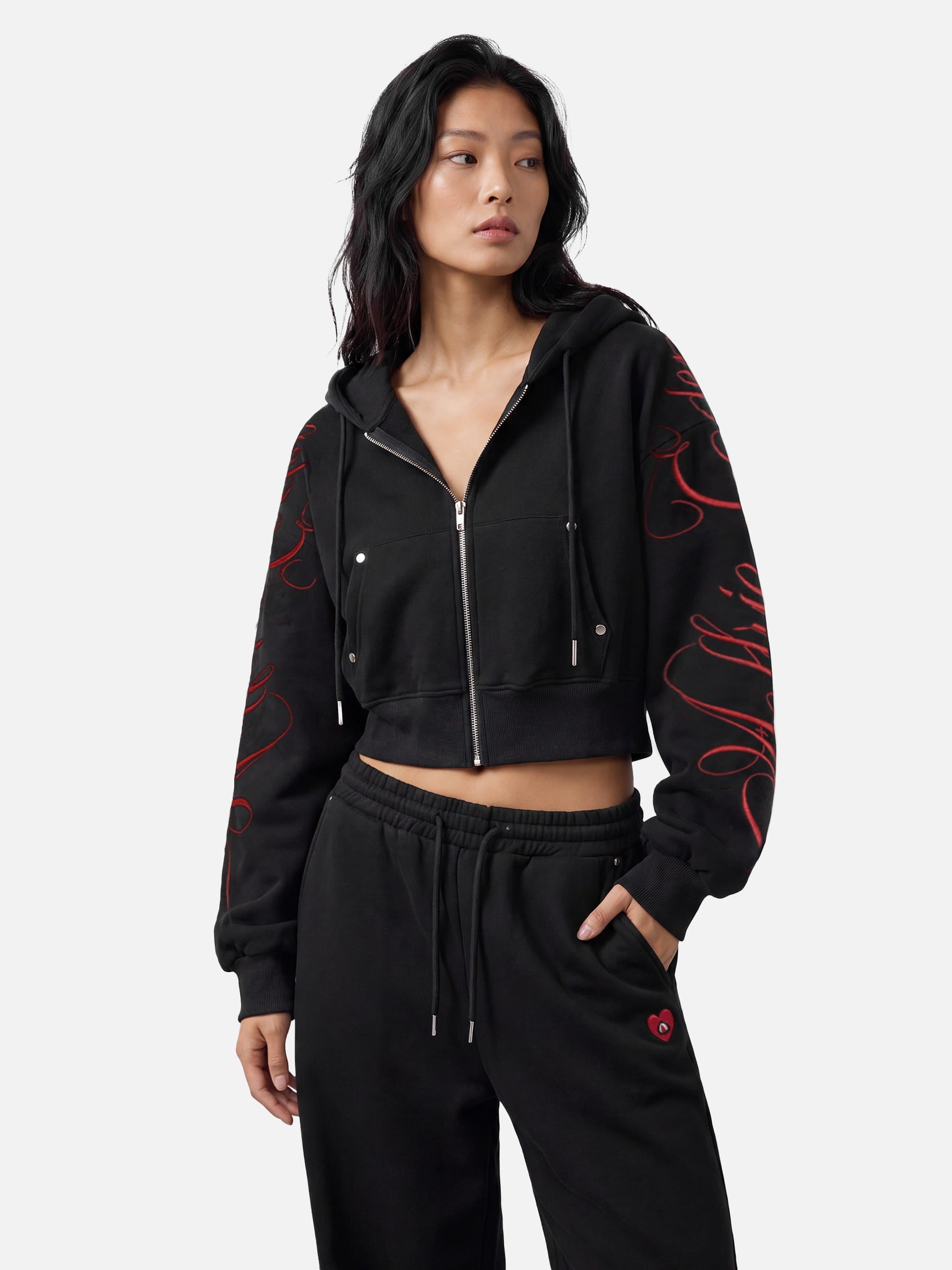 Aelfric Eden Cropped Script Embroidery Zip Up Hoodie