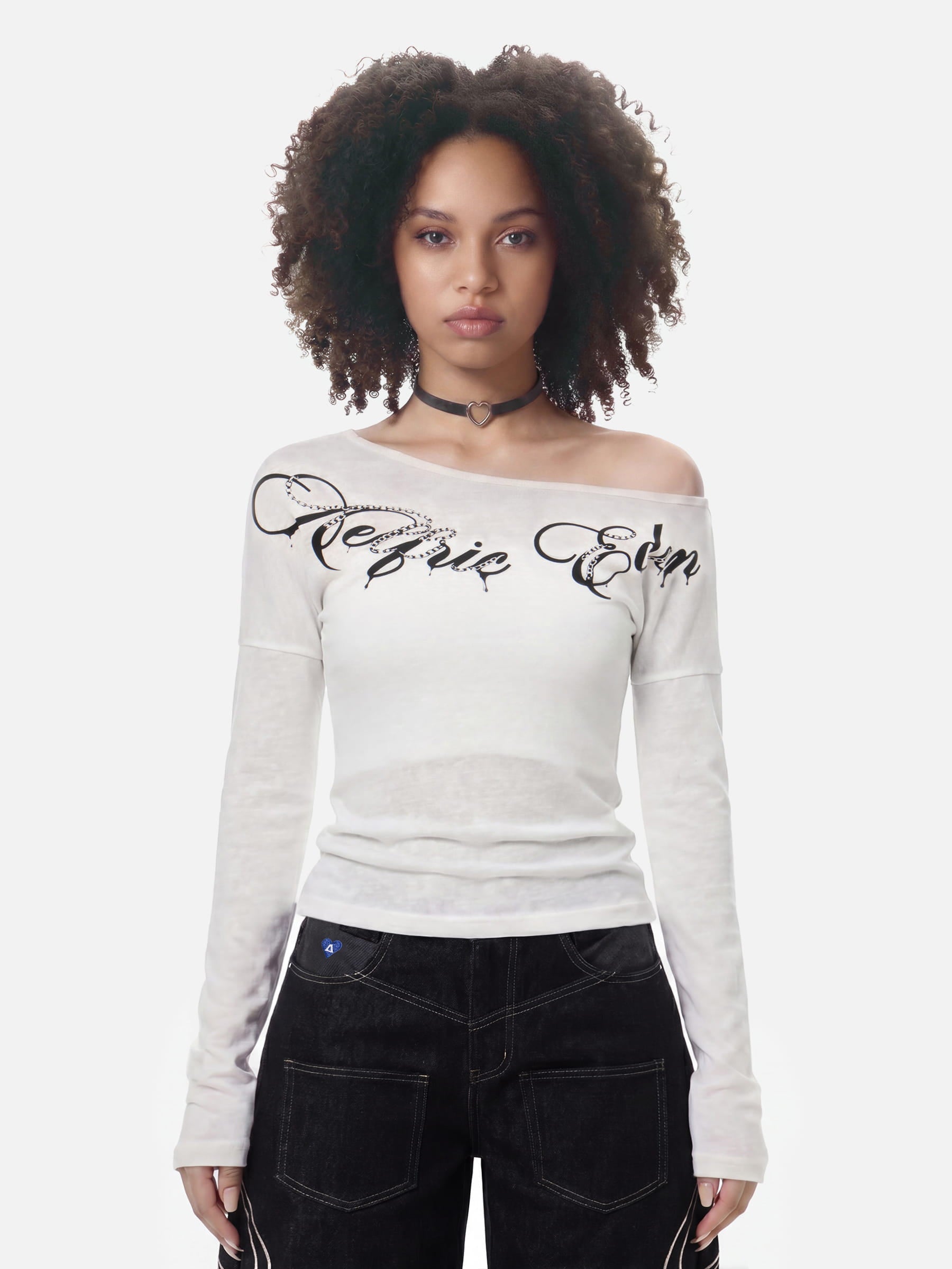 Aelfric Eden Off-The-Shoulder Script Long Sleeve Tee