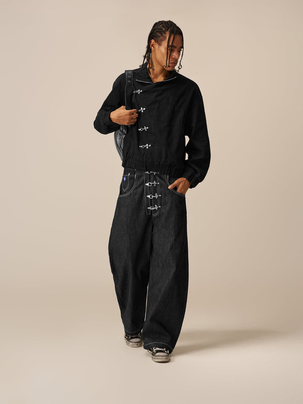 Aelfric Eden Metal Button Raw Baggy Barrel Jeans