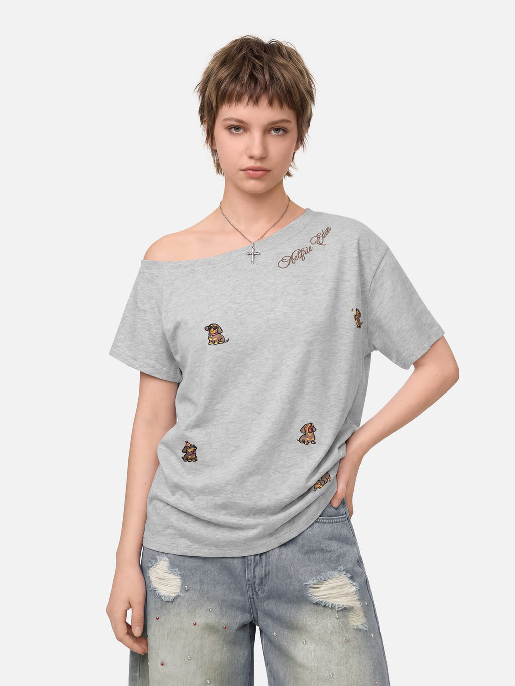Aelfric Eden Dachshund Embroidery Off-The-Shoulder Tee