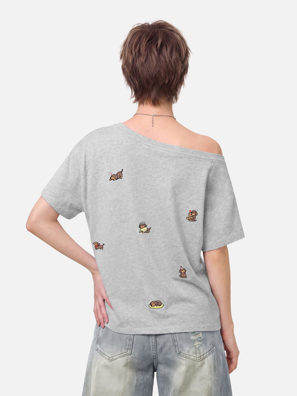 Aelfric Eden Dachshund Embroidery Off-The-Shoulder Tee