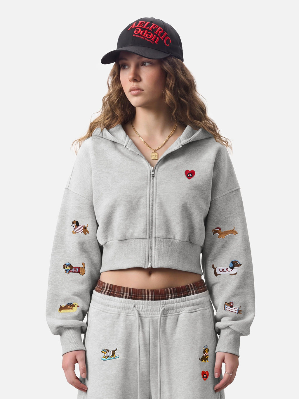 Aelfric Eden Cropped Embroidered Dachshund Zip Up Hoodie