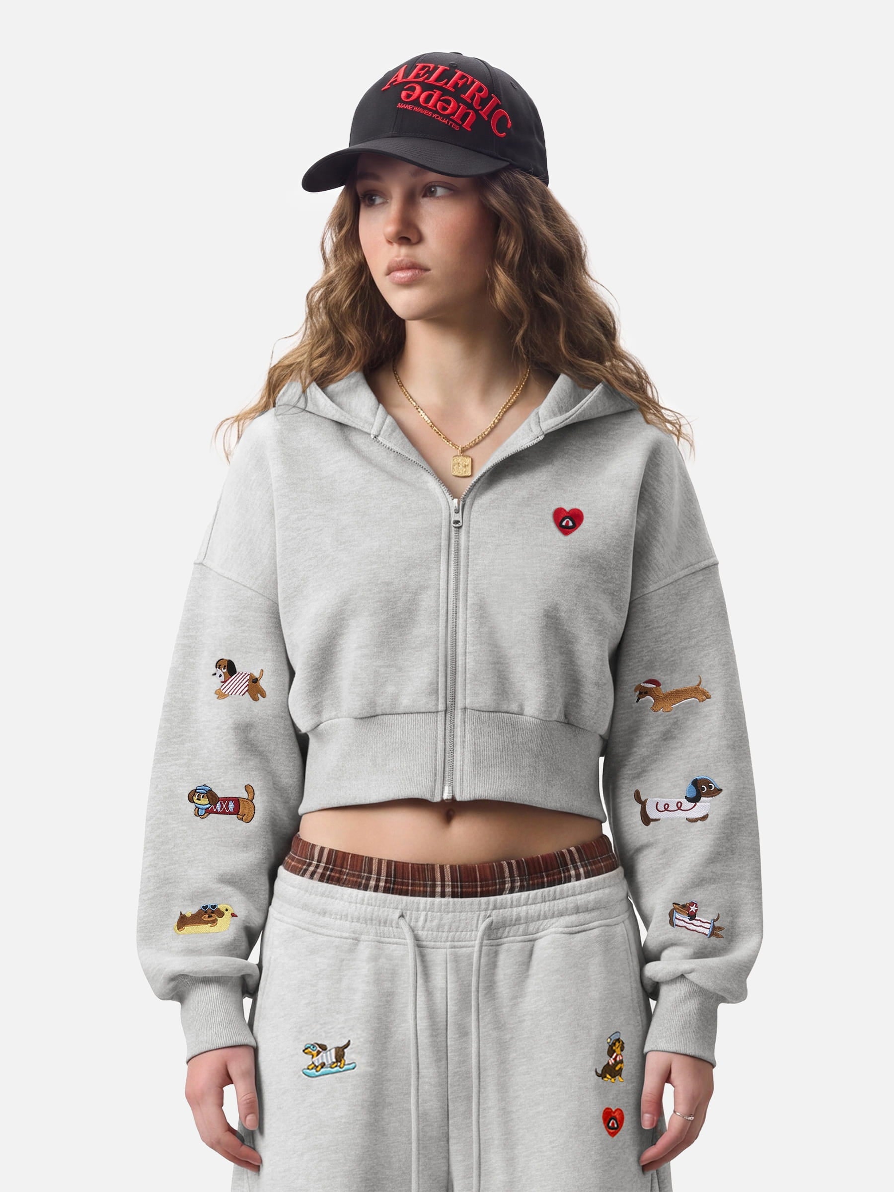 Aelfric Eden Cropped Embroidered Dachshund Zip Up Hoodie