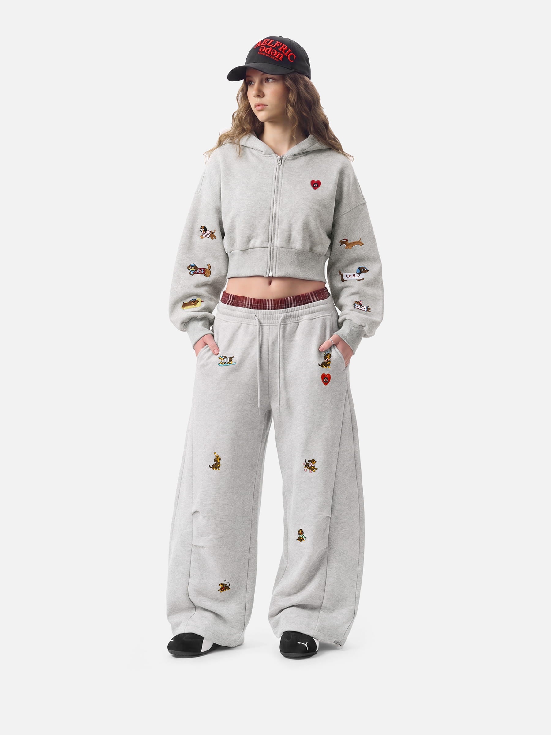 Aelfric Eden Cropped Embroidered Dachshund Zip Up Hoodie
