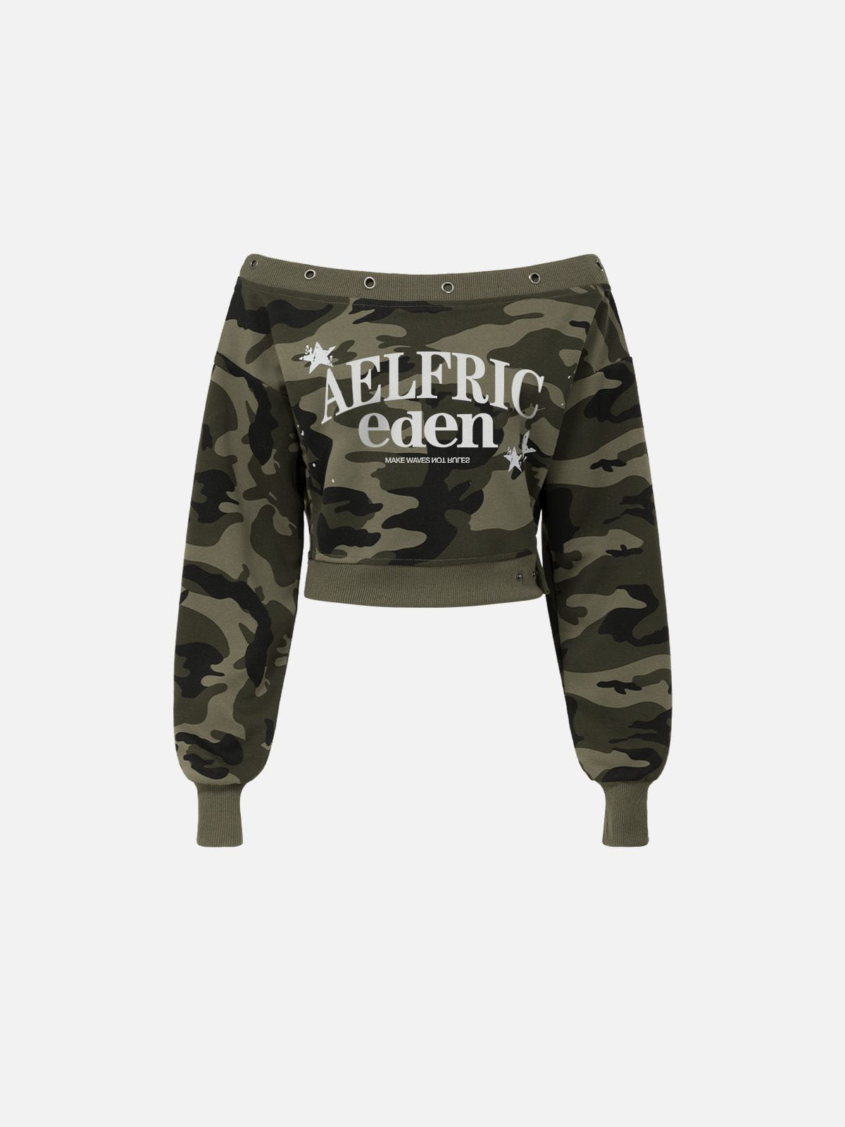 Aelfric Eden Camo Cropped Off-The-Shoulder Sweatshirt