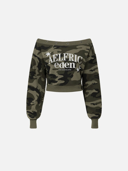 Aelfric Eden Camo Cropped Off-The-Shoulder Sweatshirt