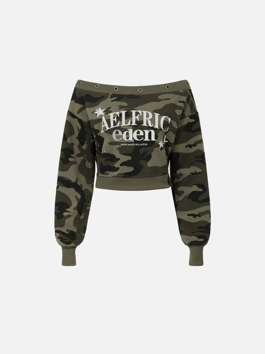 Aelfric Eden Camo Cropped Off-The-Shoulder Sweatshirt