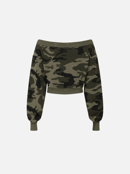 Aelfric Eden Camo Cropped Off-The-Shoulder Sweatshirt