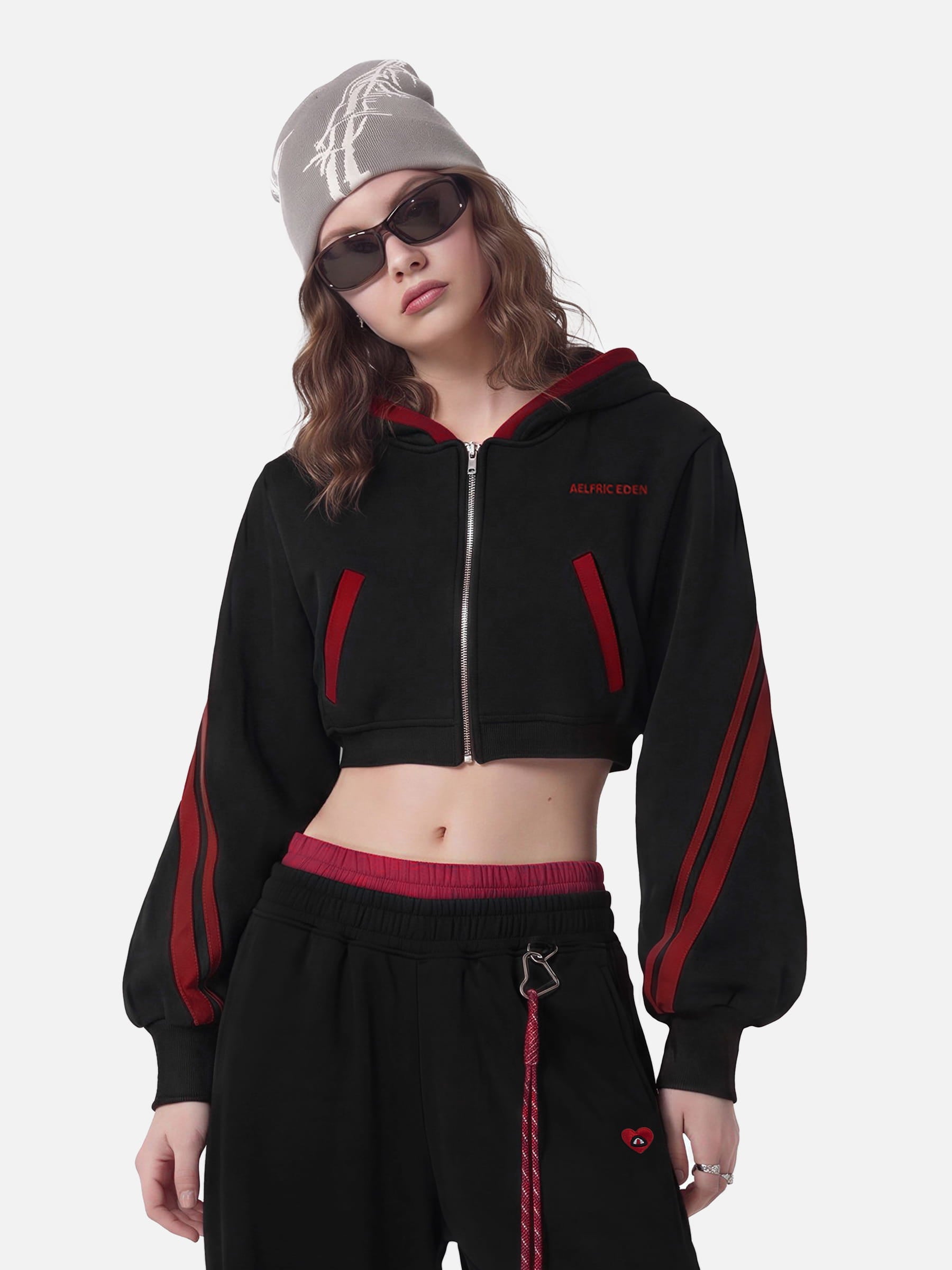 Aelfric Eden Cropped Contrast Stripe Zip Up Hoodie