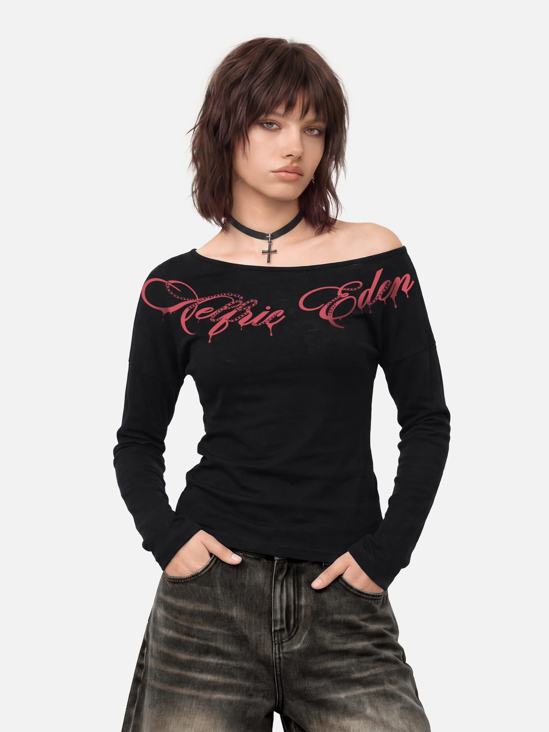 Aelfric Eden Off-The-Shoulder Script Long Sleeve Tee