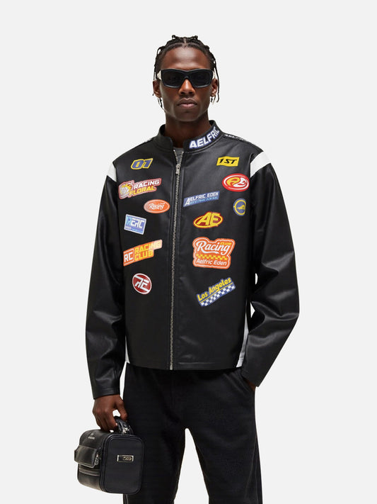 Aelfric Eden Racing Logo Patches Faux Leather Jacket