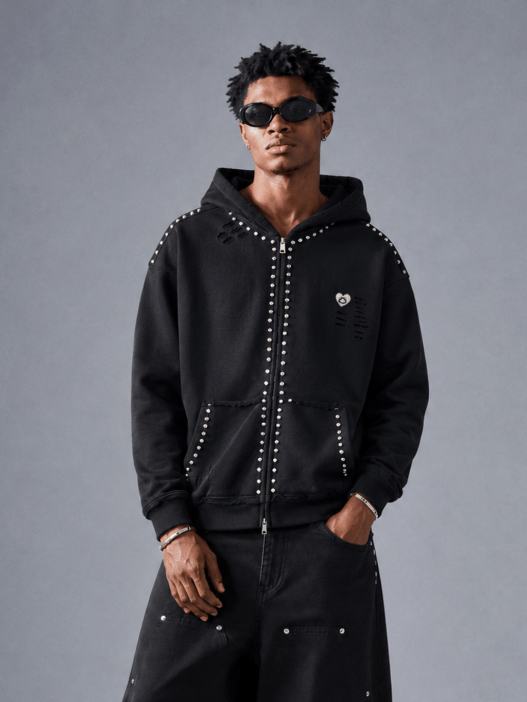 Aelfric Eden Distressed Rhinestone Zip Up Hoodie