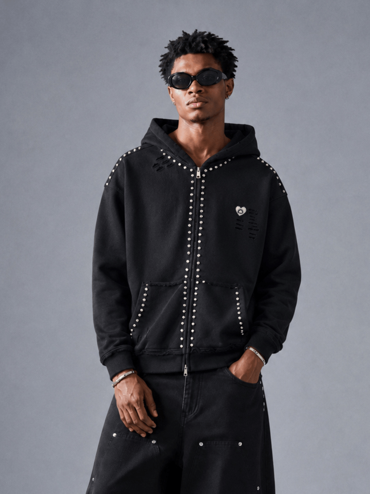Aelfric Eden Distressed Rhinestone Zip Up Hoodie