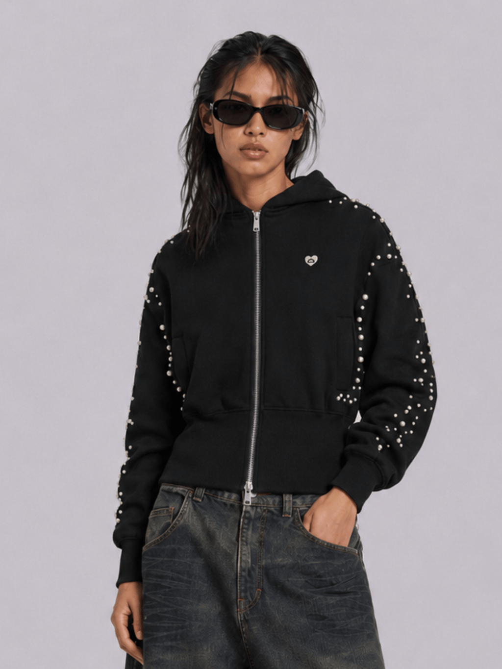 Aelfric Eden Cropped Pearl Studded Zip Up Hoodie